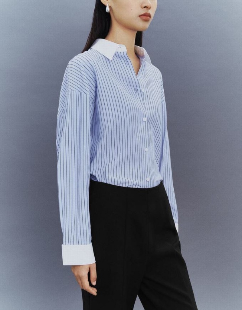 Blue Urban Revivo Striped Button Up Lapel Women's Shirts | VBAIWX-756