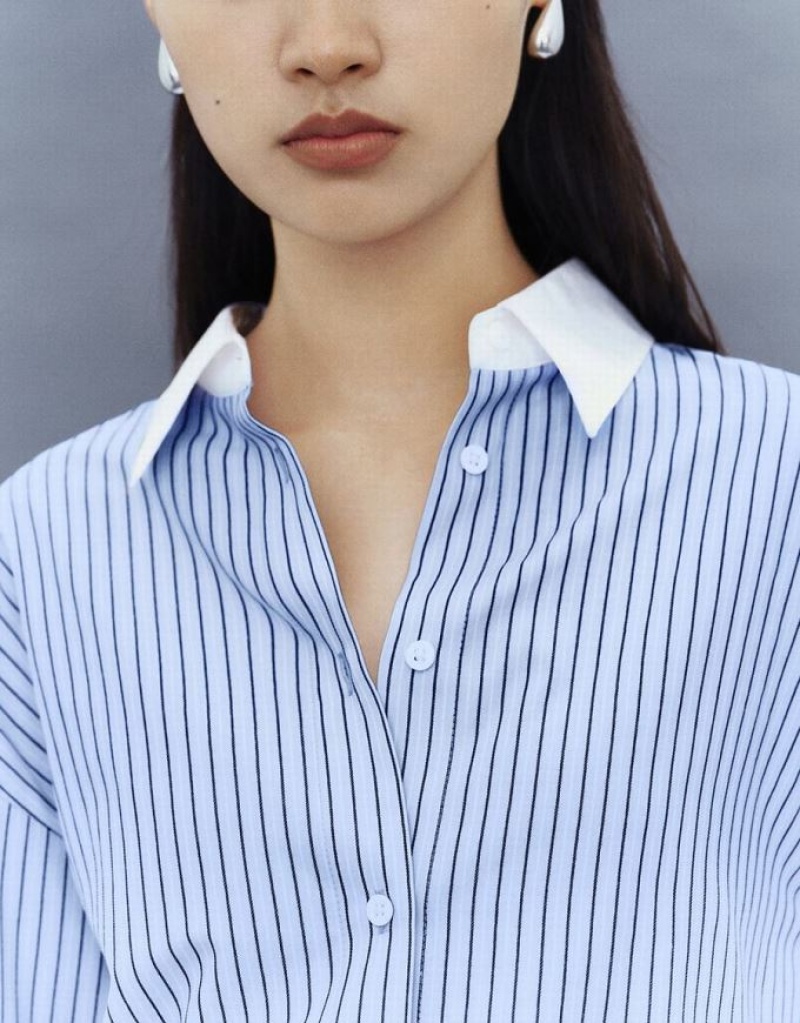 Blue Urban Revivo Striped Button Up Lapel Women's Shirts | VBAIWX-756