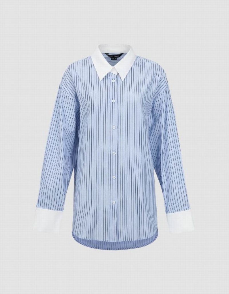 Blue Urban Revivo Striped Button Up Lapel Women\'s Shirts | VBAIWX-756