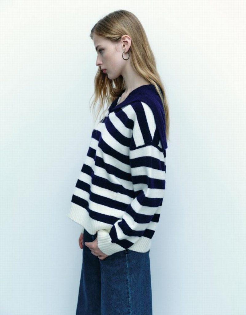 Blue Urban Revivo Striped Lapel Knitted Women's Cardigan | YTHALG-394