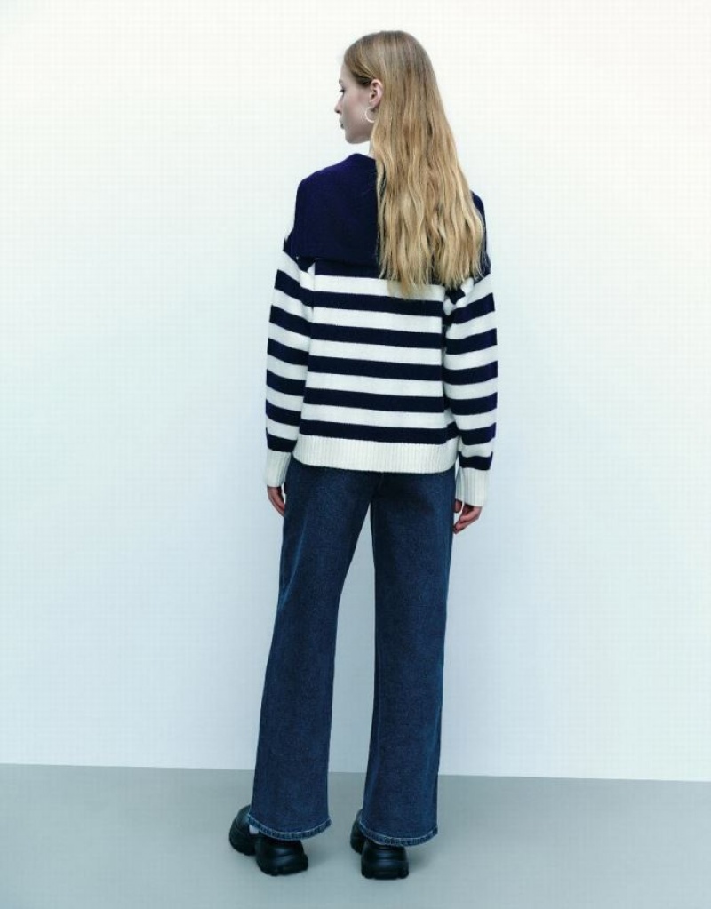 Blue Urban Revivo Striped Lapel Knitted Women's Cardigan | YTHALG-394