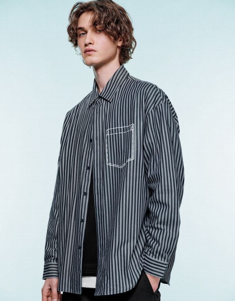 Blue Urban Revivo Striped Loose Men's Shirts | ETQJPN-894