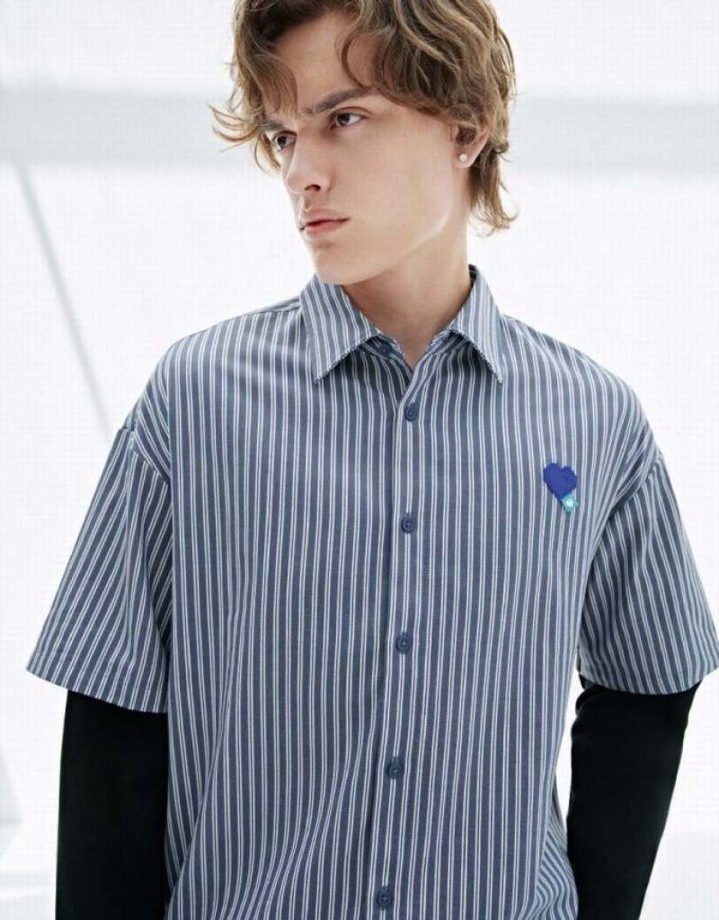 Blue Urban Revivo Striped Loose Men's Shirts | CWXRNJ-301