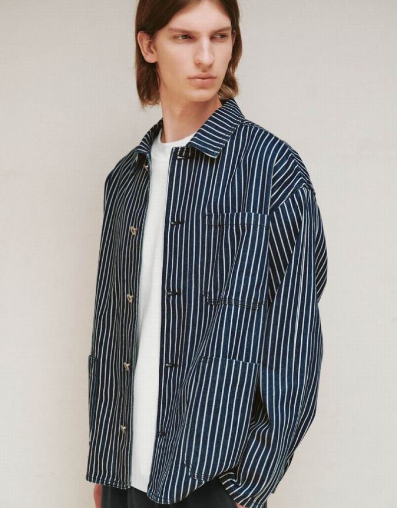 Blue Urban Revivo Striped Men's Denim Jackets | ITQPNJ-304