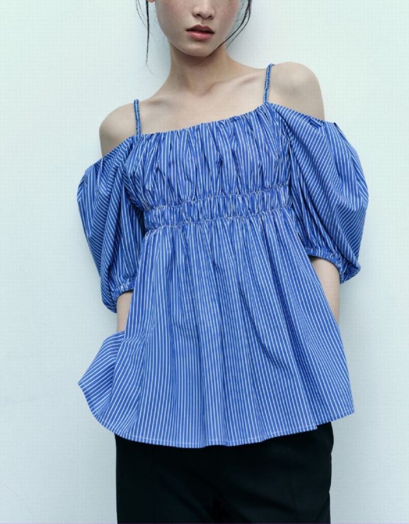 Blue Urban Revivo Striped Off-Shoulder Women's Camisole | RBZTLI-450