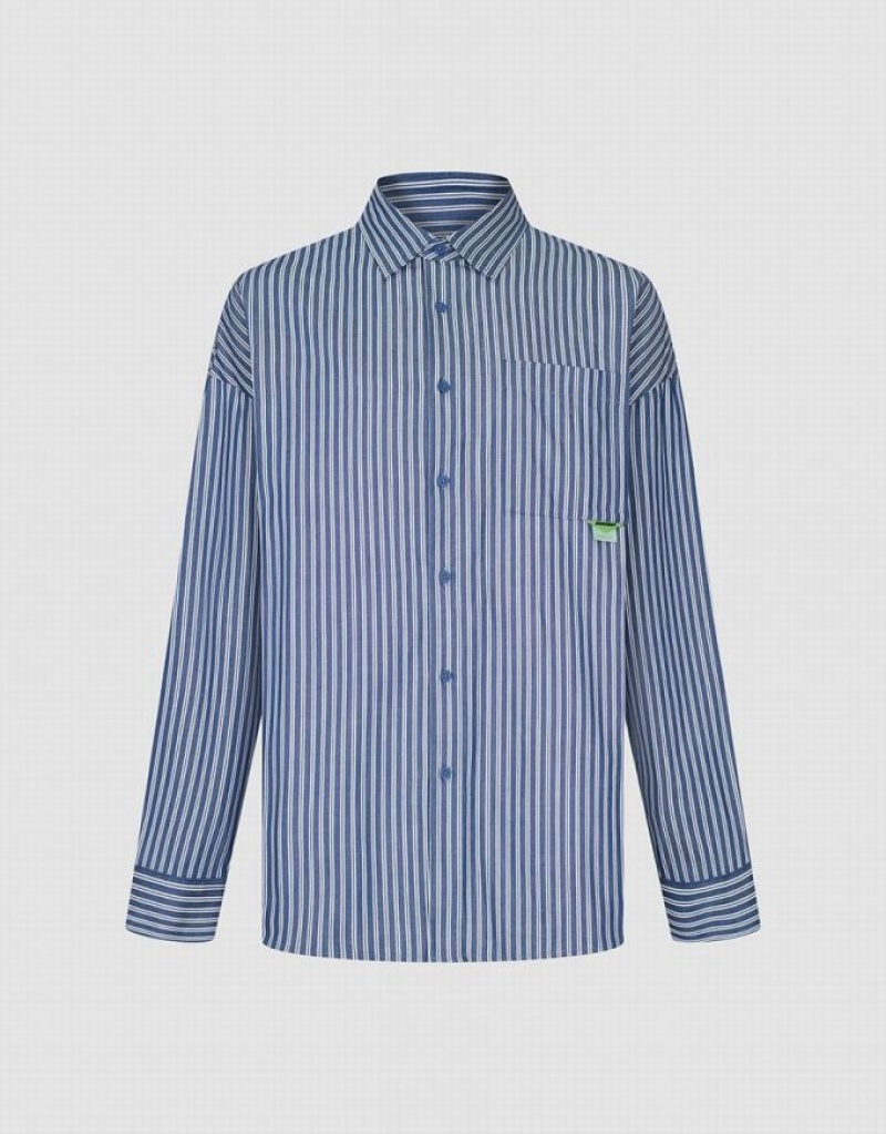 Blue Urban Revivo Striped Oversized Men's Shirts | ZTIEQJ-035