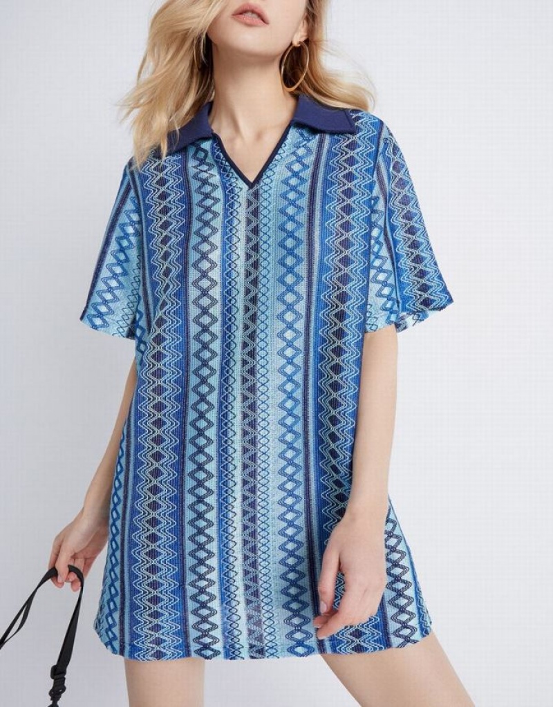 Blue Urban Revivo Striped Women's Knitted Dress | RXQZIF-142