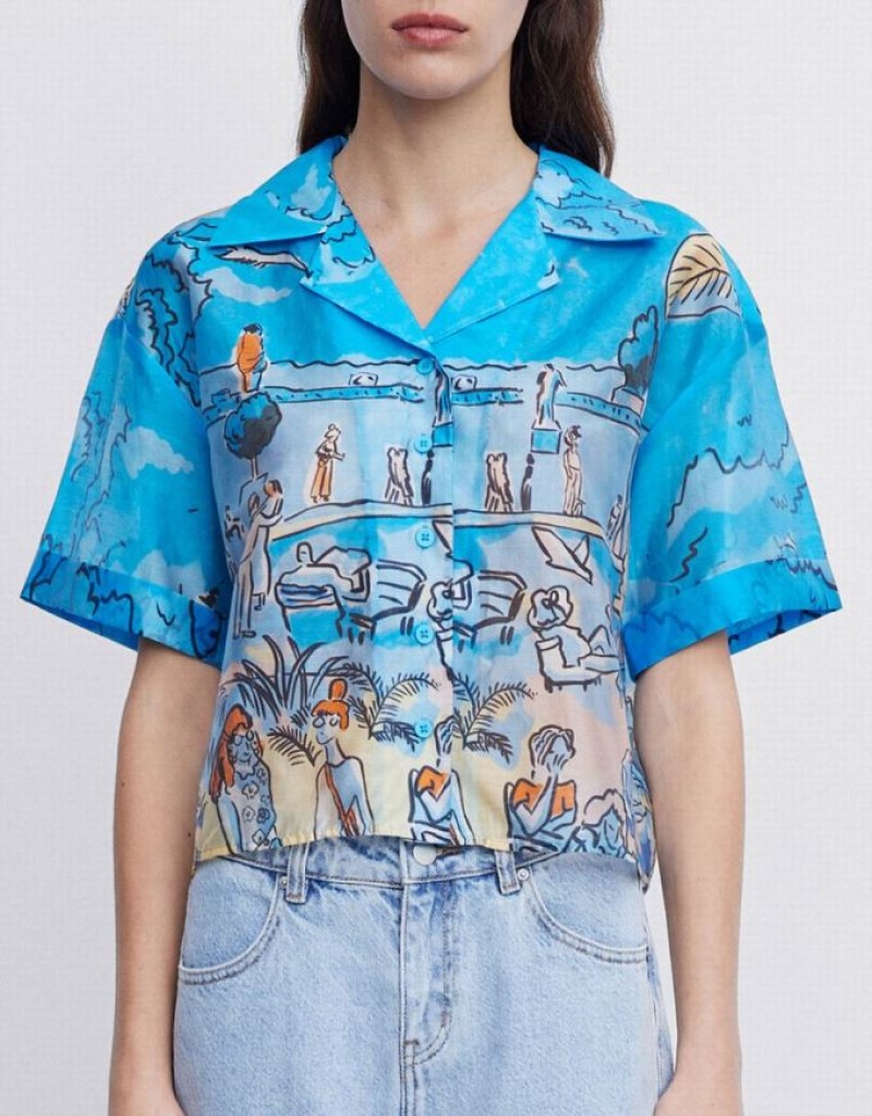 Blue Urban Revivo Summer Landscape Women's Shirts | UQRGVF-962