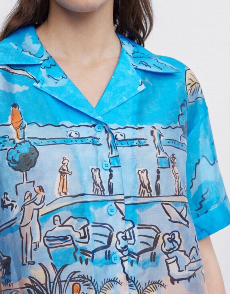 Blue Urban Revivo Summer Landscape Women's Shirts | UQRGVF-962