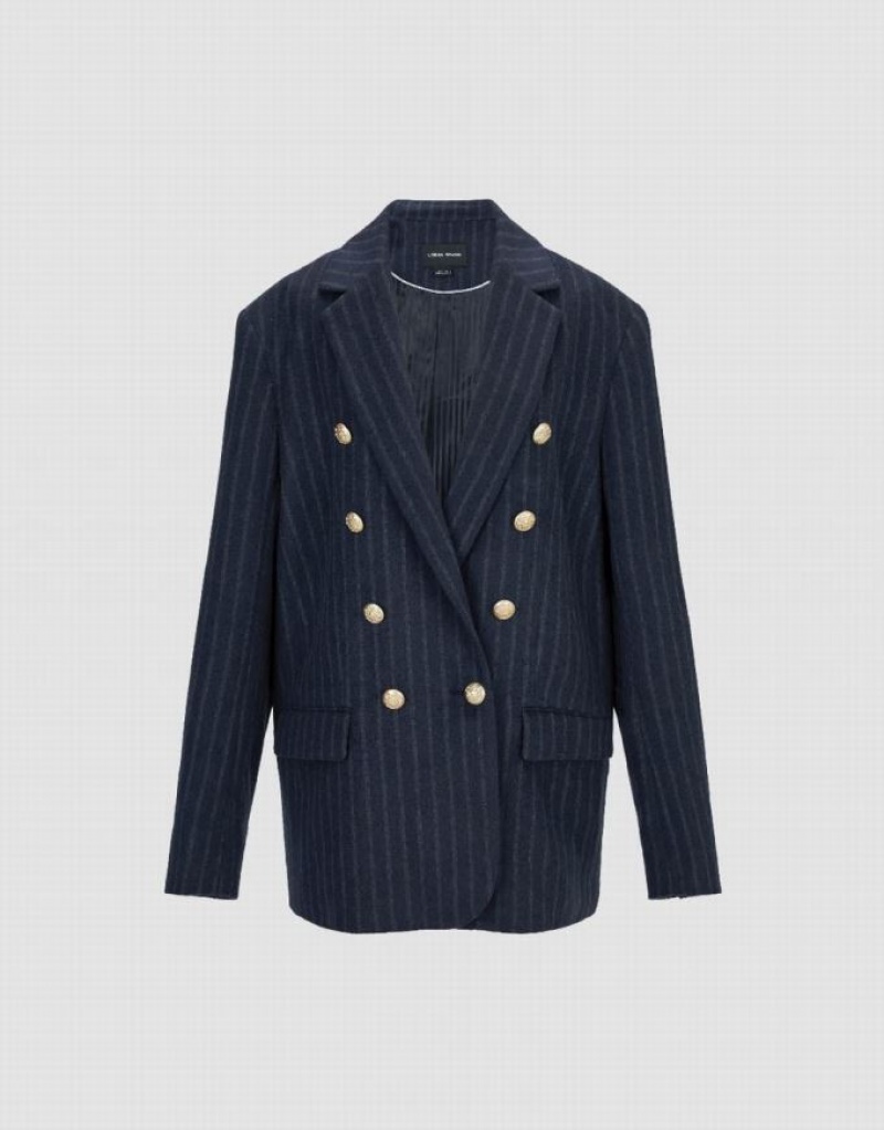 Blue Urban Revivo Tailored Striped Notch Lapel Women's Blazers | HBXLFO-863