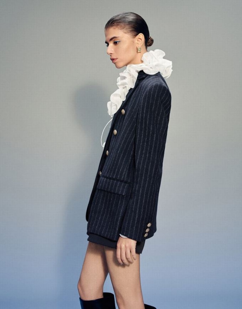 Blue Urban Revivo Tailored Striped Notch Lapel Women's Blazers | HBXLFO-863