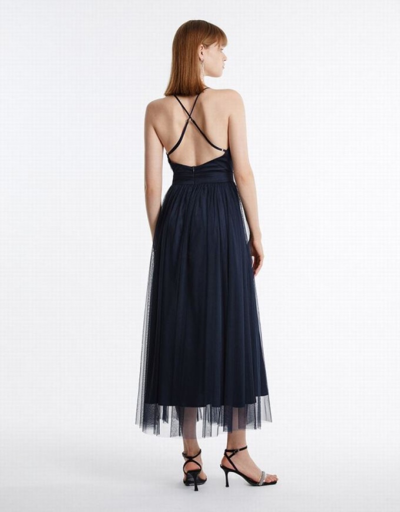 Blue Urban Revivo Tulle Maxi Women's Maxi Dress | NUWLDM-367