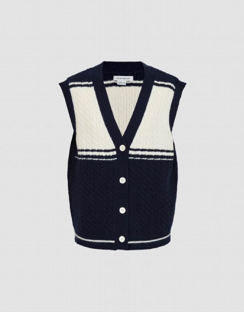 Blue Urban Revivo Two Toned Knitted V-Neck Waistcoat Women's Coats | MCJGPH-158