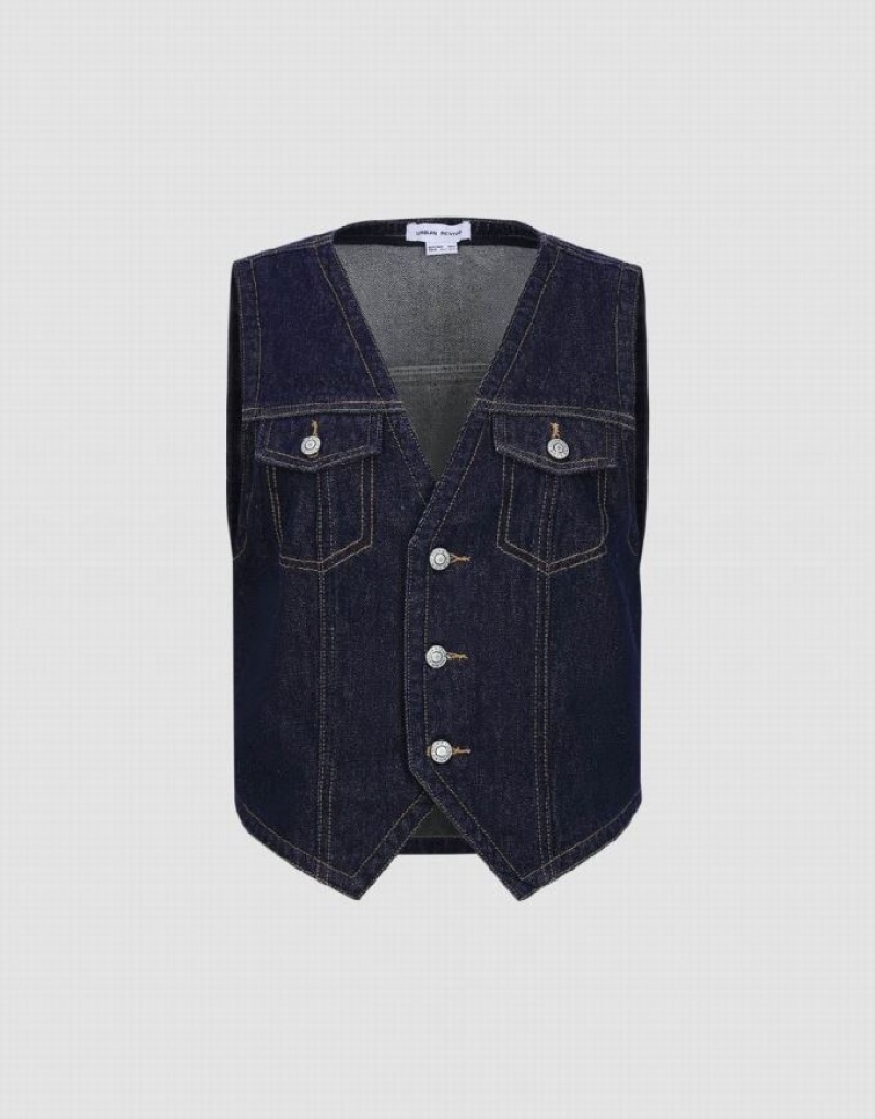 Blue Urban Revivo V-Neck Denim Waistcoat Women's Shirts | KGNMHW-057