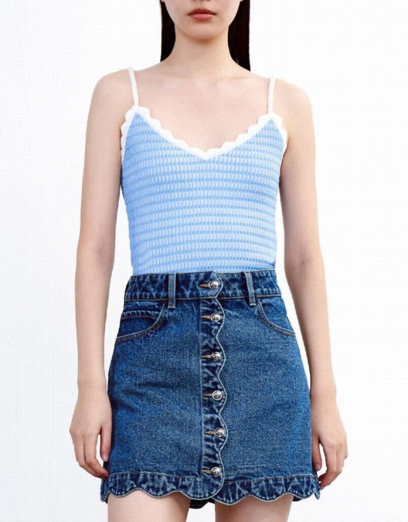 Blue Urban Revivo V Neck Knitted Women's Camisole | JHTDMC-893