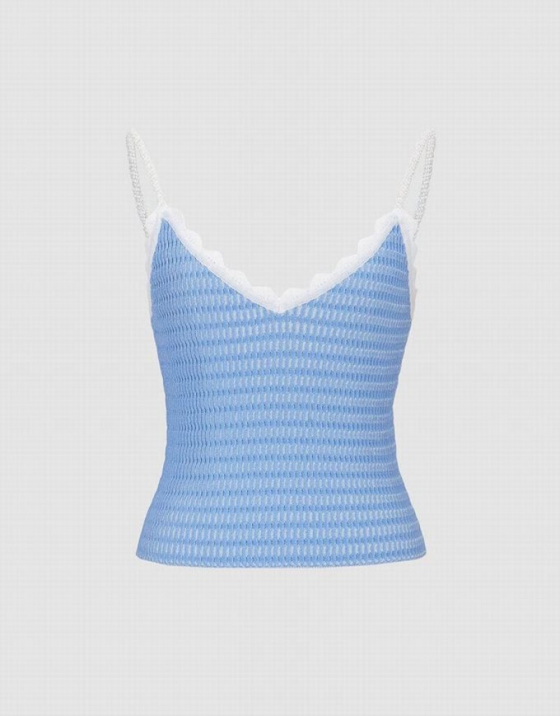 Blue Urban Revivo V Neck Knitted Women\'s Camisole | JHTDMC-893