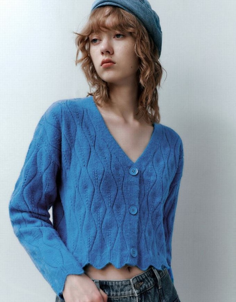 Blue Urban Revivo Wave Trim V-Neck Knitted Women's Cardigan | MXLZSD-405