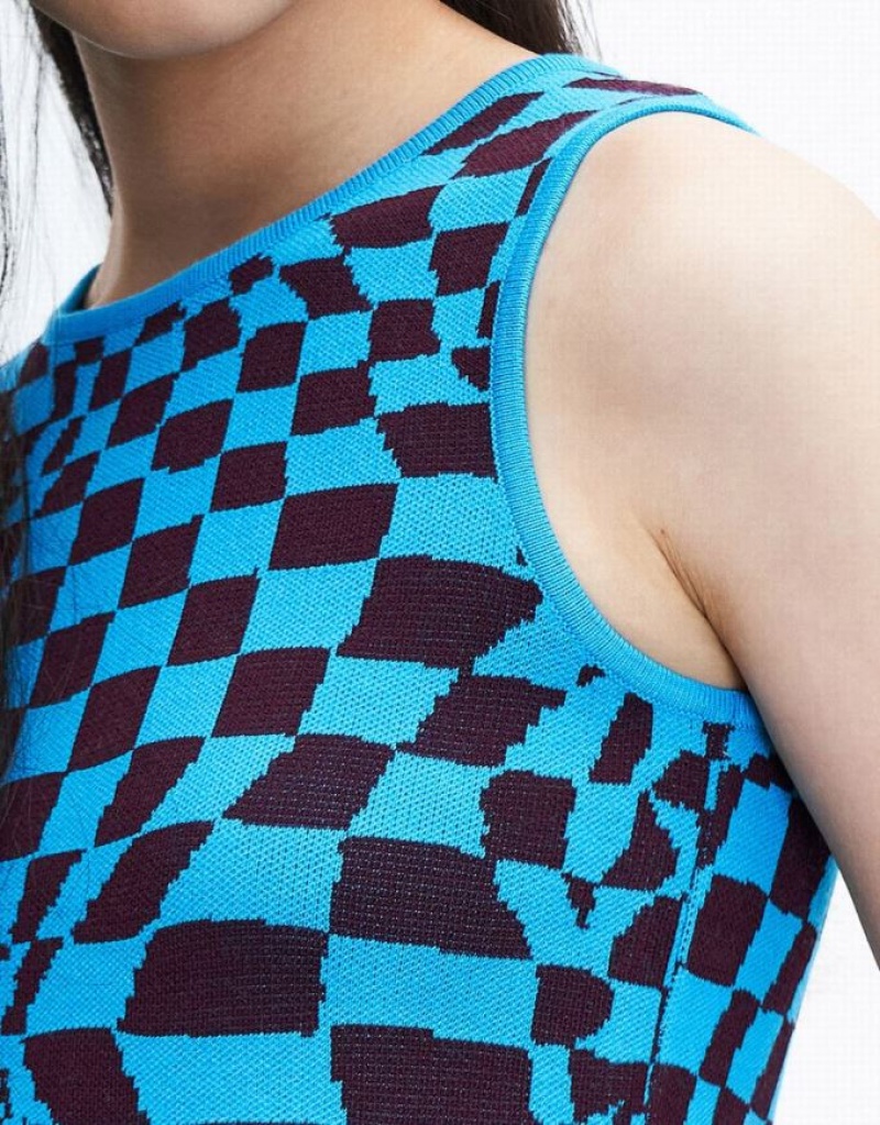 Blue Urban Revivo Wavy Checkered Knitted Women's Tank Top | PBLINX-083