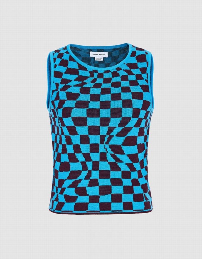 Blue Urban Revivo Wavy Checkered Knitted Women\'s Tank Top | PBLINX-083