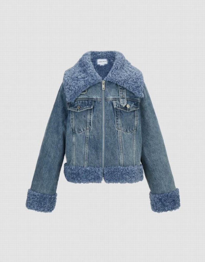 Blue Urban Revivo Zipper Front Furry Women's Denim Jackets | LSJHMA-814