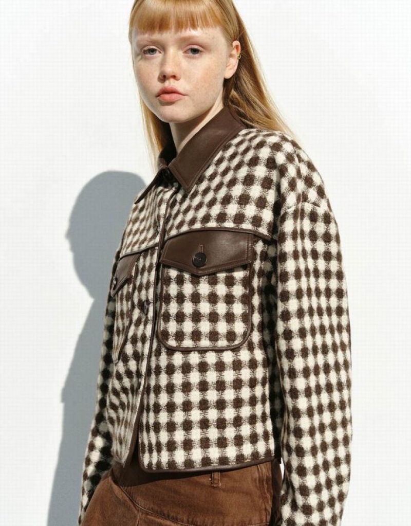 Brown Urban Revivo Argyle Printed Straight Women's Jacket | GQJXAK-439