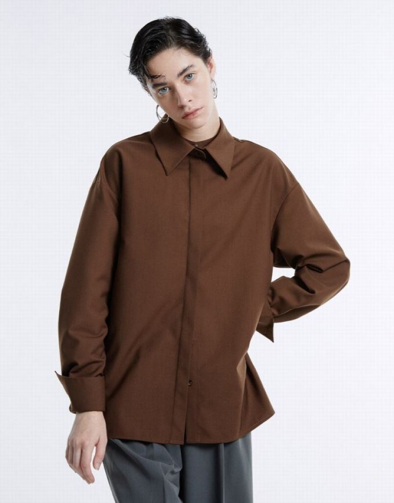 Brown Urban Revivo Basic Button Up Women's Shirts | UVPOHB-217