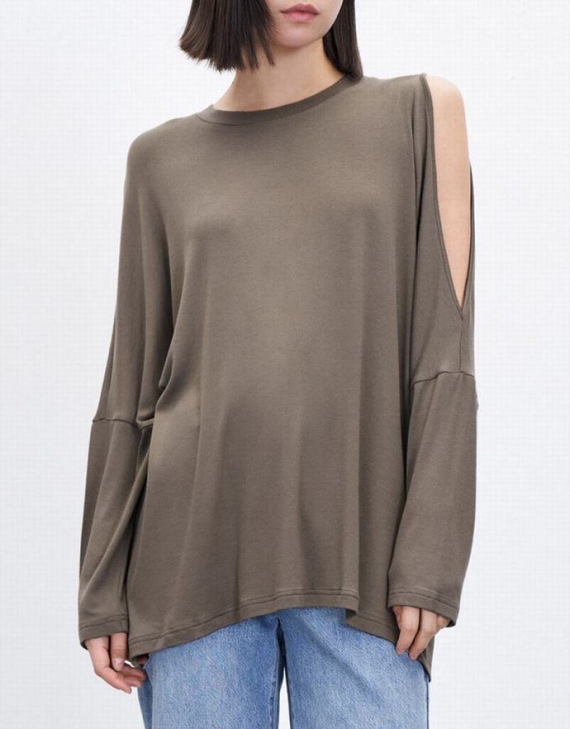 Brown Urban Revivo Boxy Long Sleeve Women's T-Shirts | GJKOFP-936