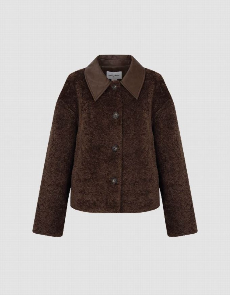 Brown Urban Revivo Button Up Furry Women's Coats | YCRQHV-079