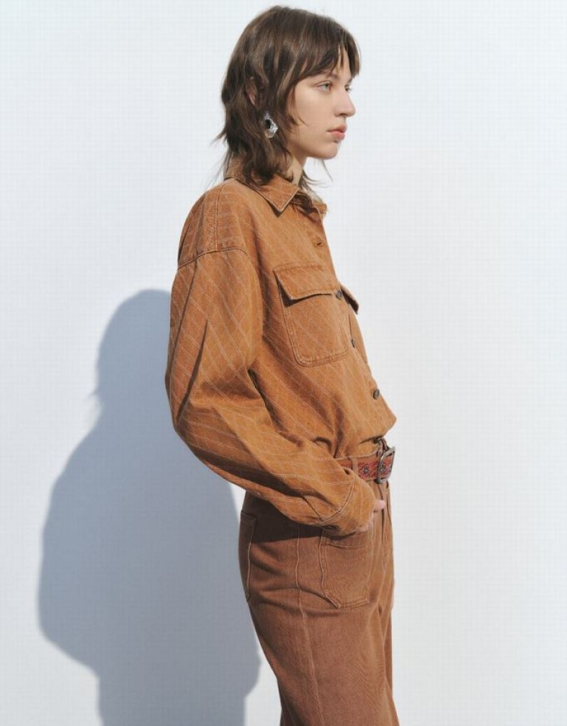 Brown Urban Revivo Embossed Denim Women's Shirts | KHNLMG-143