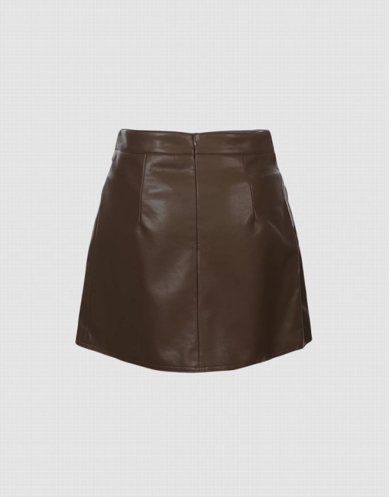 Brown Urban Revivo Faux Leather Wrapped Women's Skirts | FOAGRQ-341