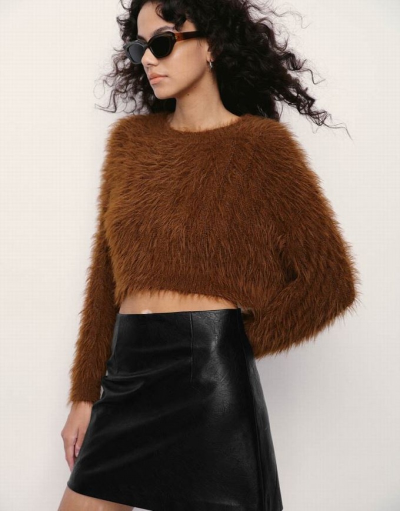 Brown Urban Revivo Furry Crew Neck Knitted Women's Cardigan | OREBAS-146