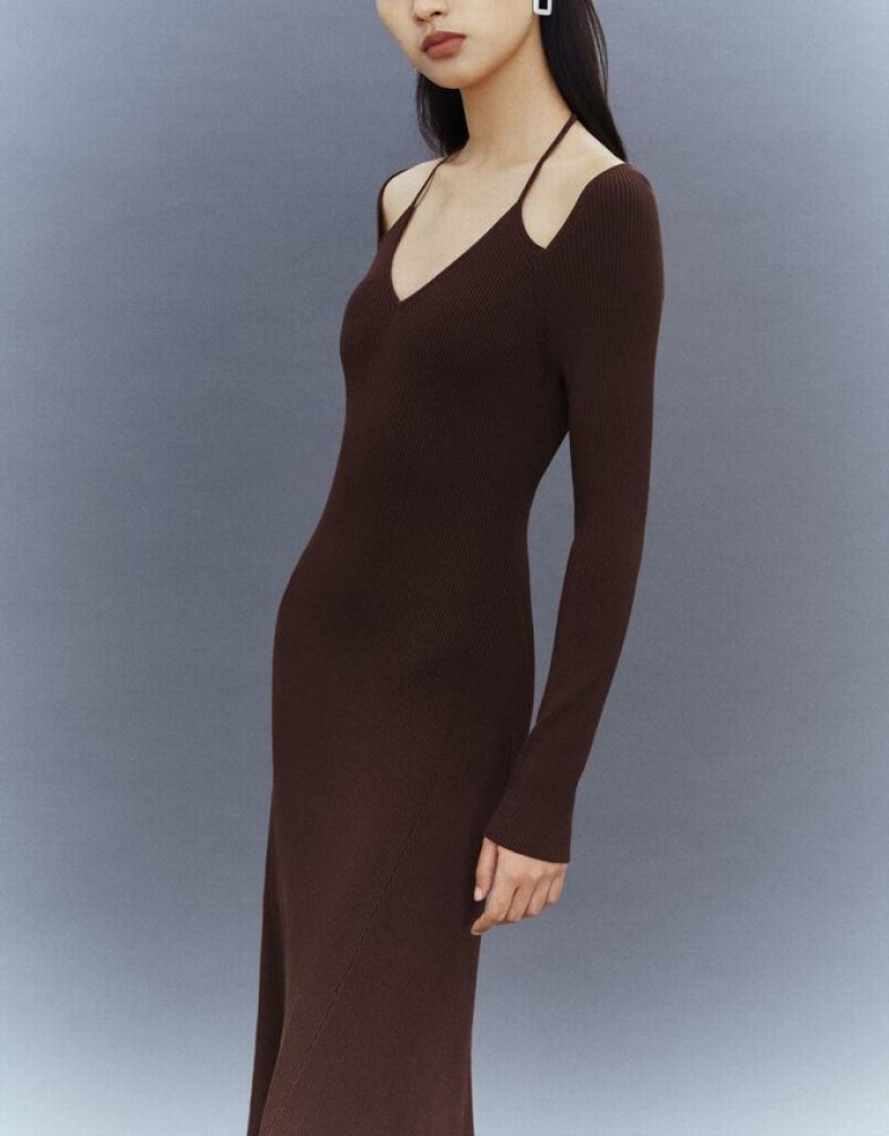 Brown Urban Revivo Halter Neck Skinny A-Line Women's Knitted Dress | RWILVM-457