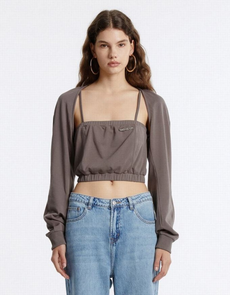 Brown Urban Revivo Knit Crop Top Women's Sweatshirts | HRSLDN-923