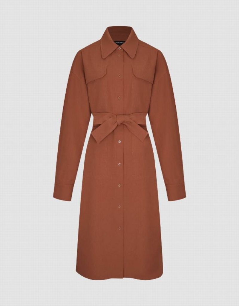 Brown Urban Revivo Lapel Straight With Belt Women's Dress | RVQULT-256