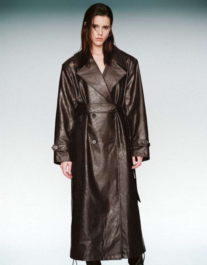 Brown Urban Revivo Longline Vegan Leather Women's Trench Coat | TLVPYJ-681