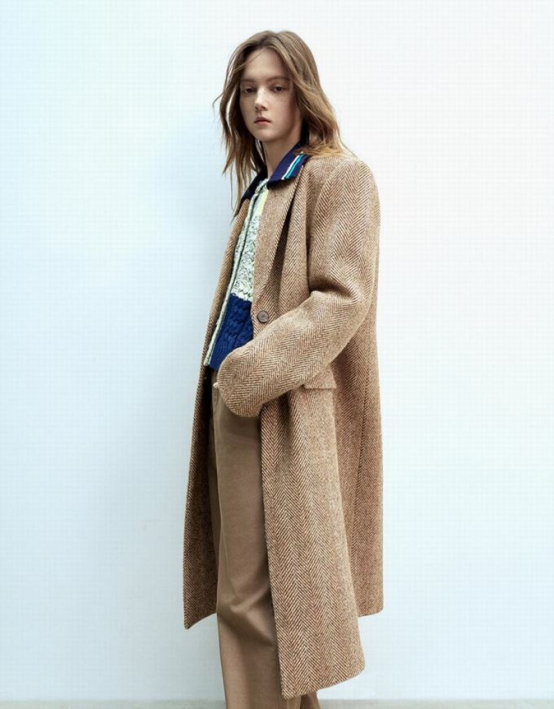 Brown Urban Revivo Longline Woolen Women's Coats | LORQES-027