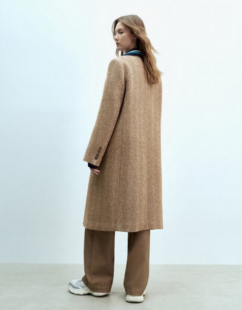 Brown Urban Revivo Longline Woolen Women's Coats | LORQES-027