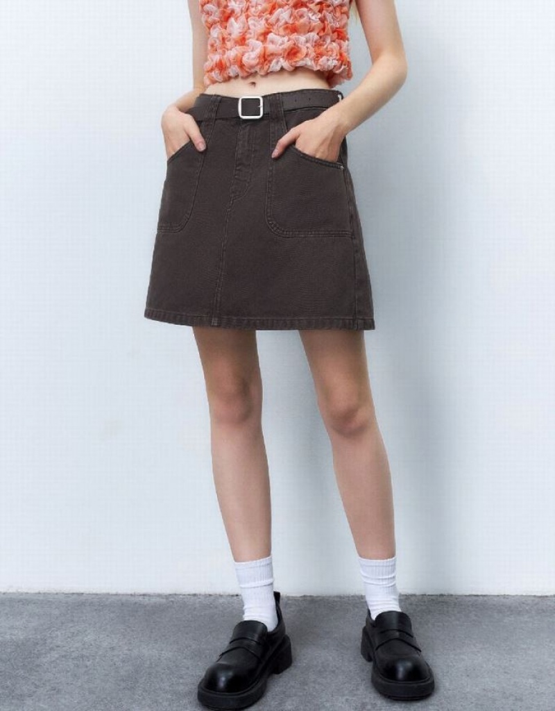 Brown Urban Revivo Mini A-Line With Belt Women's Denim Skirt | HSCDVU-204