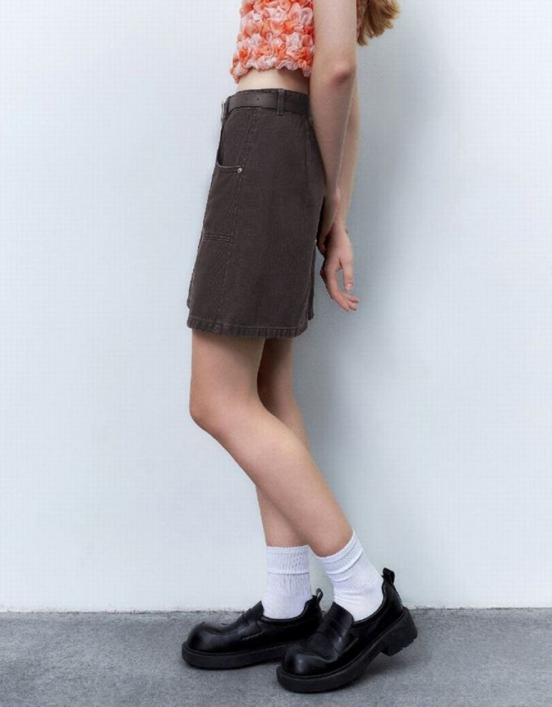 Brown Urban Revivo Mini A-Line With Belt Women's Denim Skirt | HSCDVU-204