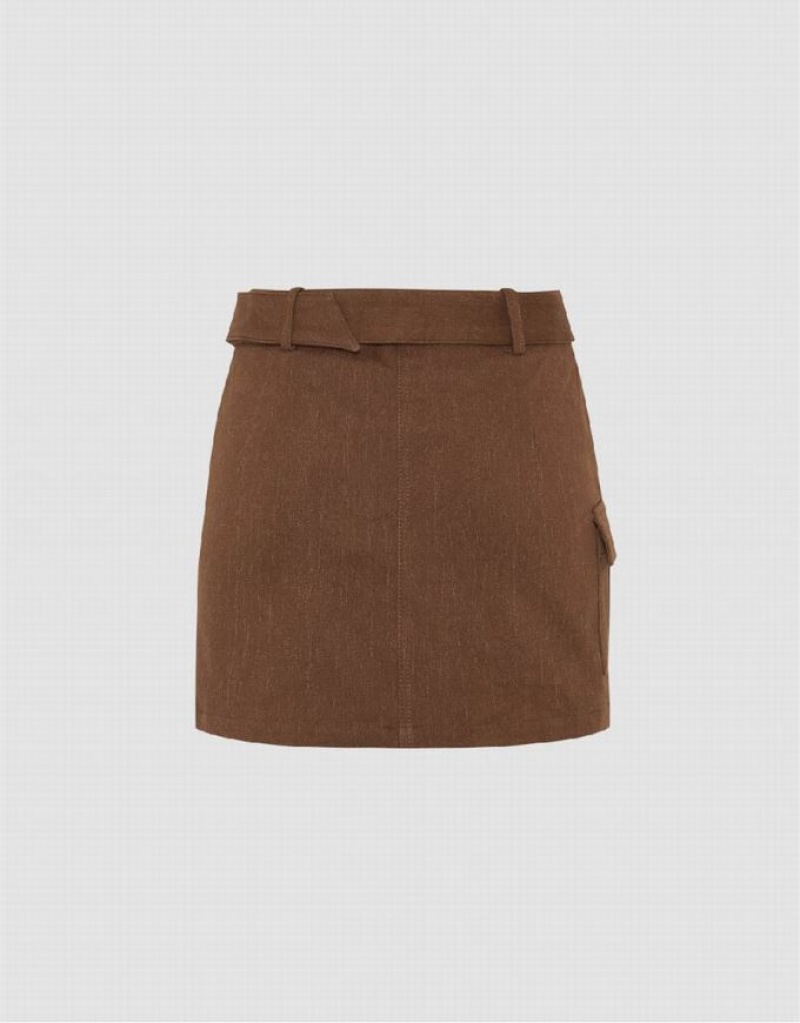 Brown Urban Revivo Mini Straight Knitted With Belt Women's Skirts | YXVJFM-754