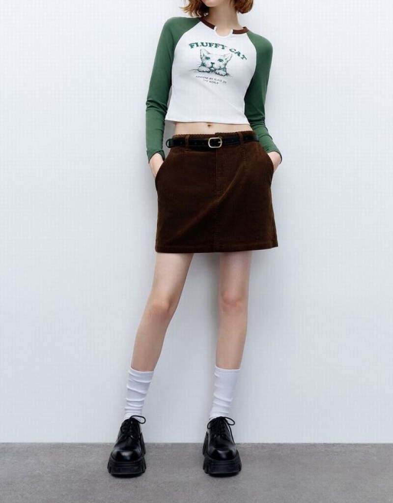 Brown Urban Revivo Mini Straight With Belt Women's Skirts | GDQNXV-372