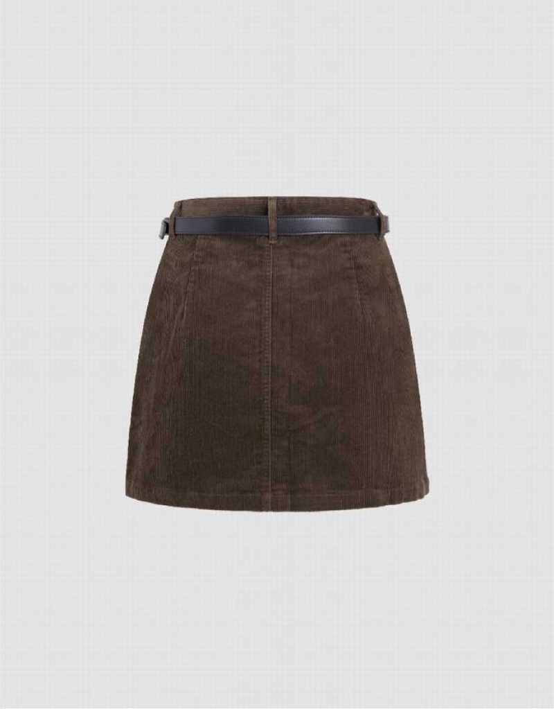 Brown Urban Revivo Mini Straight With Belt Women's Skirts | GDQNXV-372