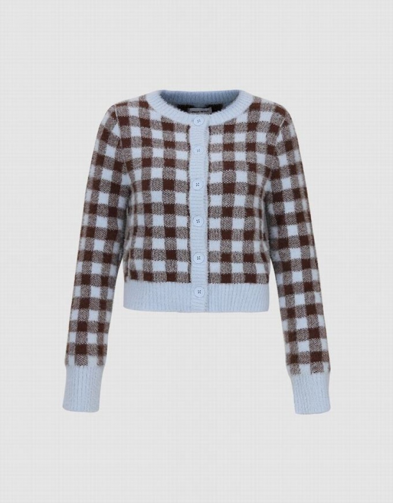 Brown Urban Revivo Plaid Crew Neck Knitted Women's Cardigan | VYLUKC-781