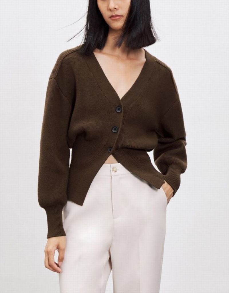 Brown Urban Revivo Puff Sleeve V-Neck Knitted Women's Cardigan | QXGLWH-563