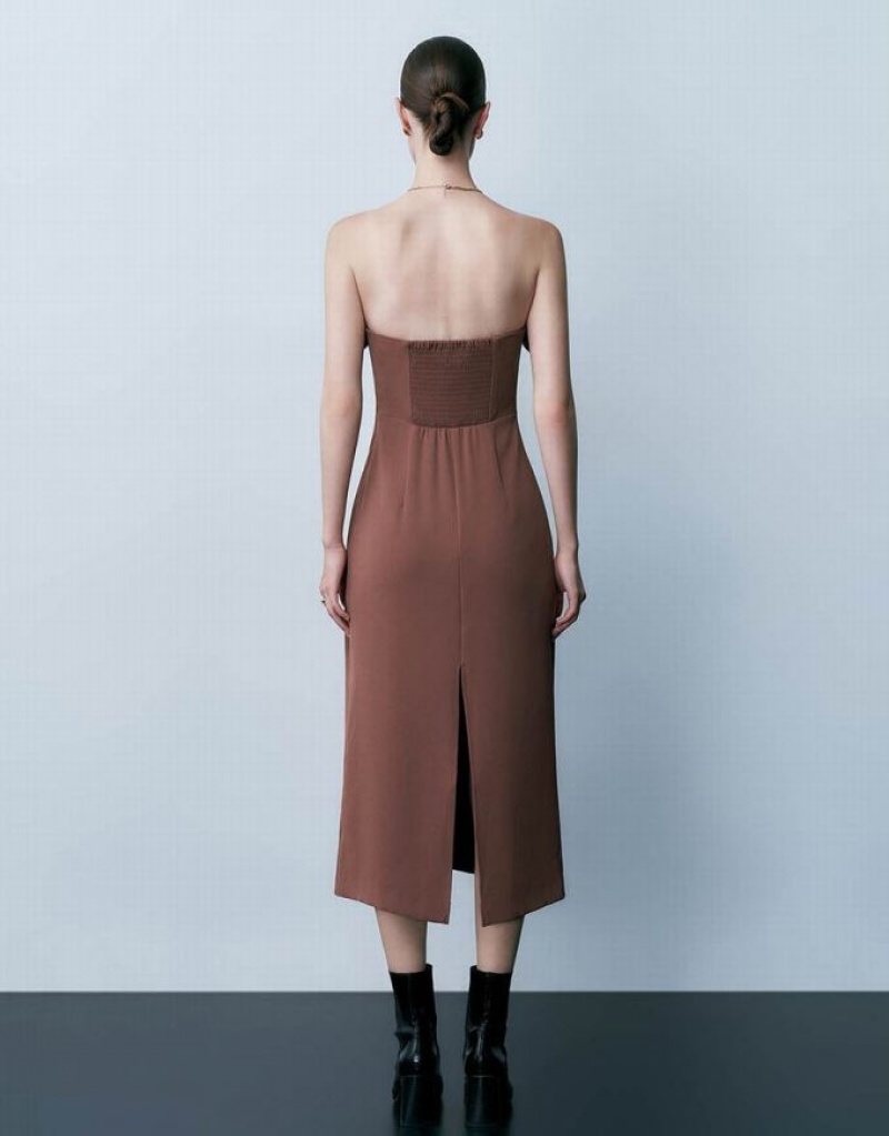 Brown Urban Revivo Sleeveless Off-Shoulder Skinny Women's Dress | JDETRV-782