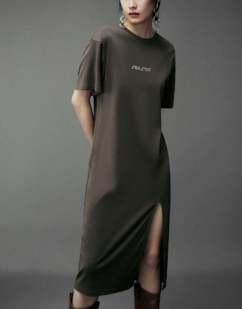 Brown Urban Revivo Split Hem Crew Neck Straight Women's Dress | TFLOWY-214