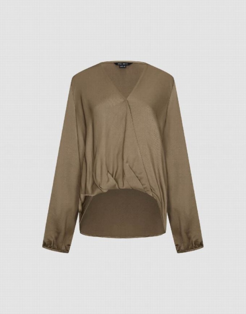 Brown Urban Revivo Surplice Front V-Neck Overhead Women's Blouse | KRQZEG-246