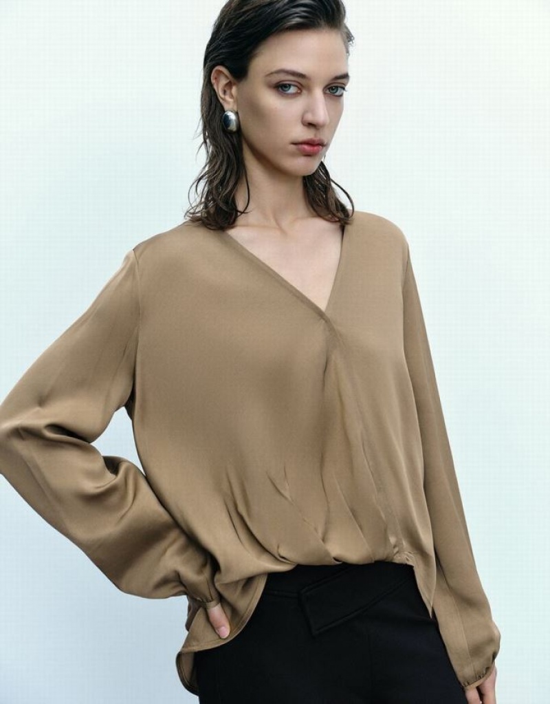 Brown Urban Revivo Surplice Front V-Neck Overhead Women's Blouse | KRQZEG-246