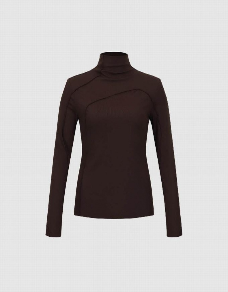 Brown Urban Revivo Turtle Neck Skinny Women's T-Shirts | DXMRQV-973