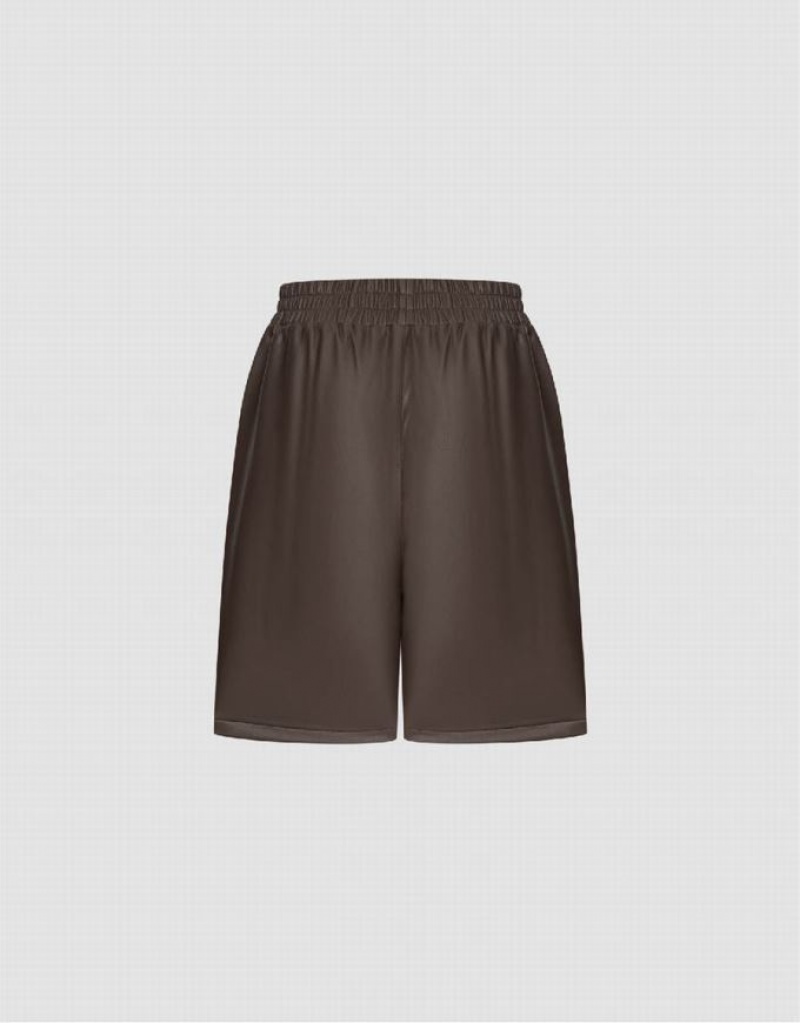 Brown Urban Revivo Vegan Leather Elastic Waist Women's Shorts | GKDMNS-147